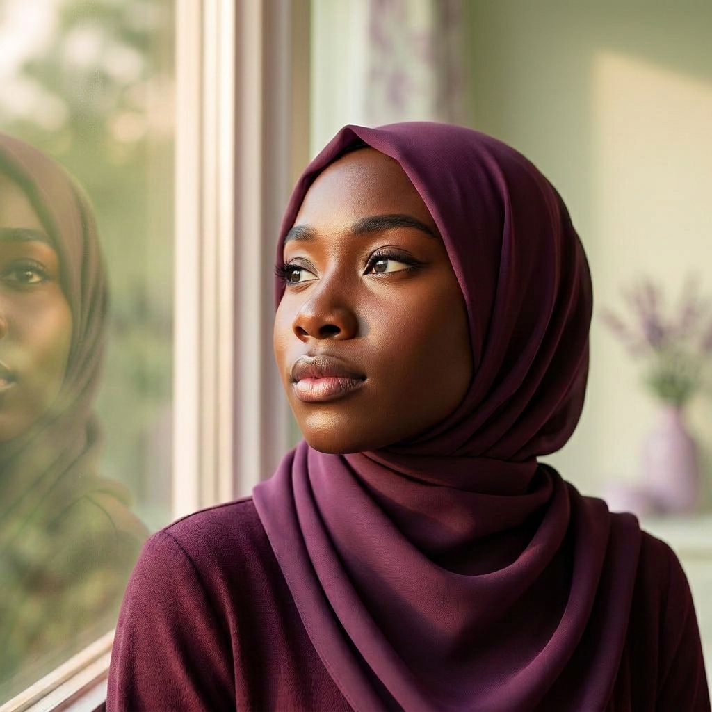 A Muslim woman standing by a window with a peaceful, hopeful expression