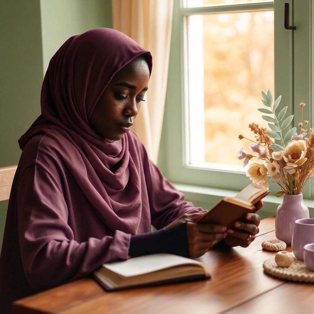 A Muslim woman writing quietly in a journal by soft daylight